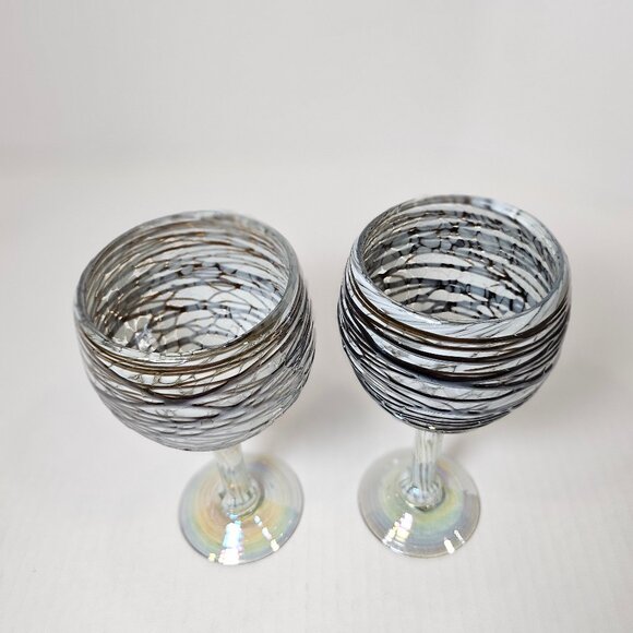 Unique Hand Blown Art Glass 2 Goblets With Chocolate Web Design Over White Base - Picture 3 of 12